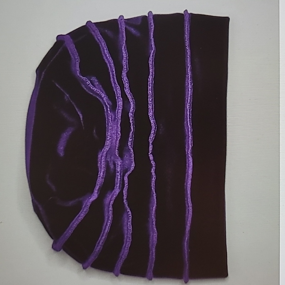 Handmade Soft Dark Purple Velvet Lined Slouchy Beanie Hat - Picture 4 of 5